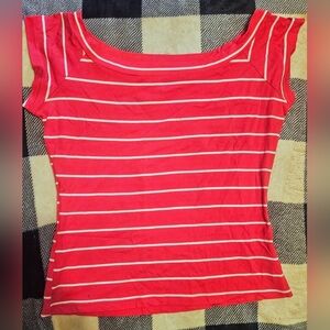 Wet Seal Juniors Pink with White Striped Boatneck Short Sleeve Top Size Large